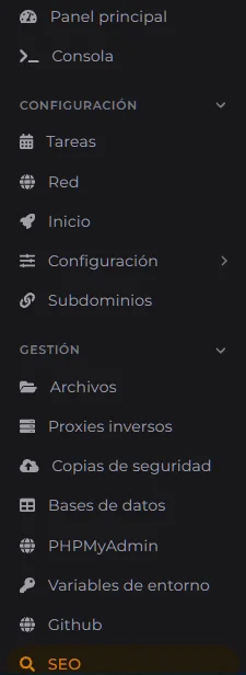 Barra lateral del panel de servidores web: consola, archivos, bases de datos, copias de seguridad, GitHub, SEO y más